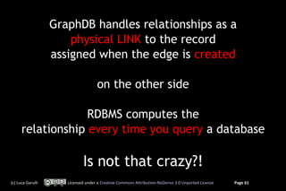 GraphDB handles relationships as a
                       physical LINK to the record
                   assigned when the edge is created

                                     on the other side

                   RDBMS computes the
      relationship every time you query a database

                             Is not that crazy?!
(c) Luca Garulli      Licensed under a Creative Commons Attribution-NoDerivs 3.0 Unported License   Page 61
 