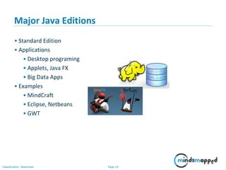 Page 16Classification: Restricted
Major Java Editions
• Standard Edition
• Applications
• Desktop programing
• Applets, Java FX
• Big Data Apps
• Examples
• MindCraft
• Eclipse, Netbeans
• GWT
 