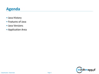Page 2Classification: Restricted
Agenda
• Java History
• Features of Java
• Java Versions
• Application Area
 