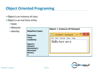 Page 29Classification: Restricted
Object Oriented Programing
• Object is an instance of class
• Object is an real time entity
• State
• Behavior
• Identity NotePad Code{
filename
Text:
readOnly
Open()
Close()
Minimize()
Maxmize
Save()
}
Object = Instance Of Notepad
 