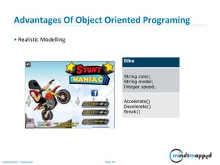 Page 42Classification: Restricted
Advantages Of Object Oriented Programing
• Realistic Modelling
Bike
String color;
String model;
Integer speed;
Accelerate()
Decelerate()
Break()
 