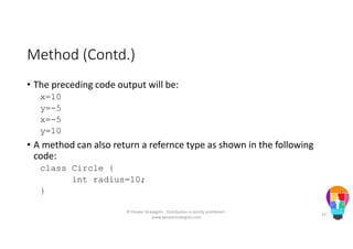 Method (Contd.)
• The preceding code output will be:
x=10
y=-5
x=-5
y=10
• A method can also return a refernce type as shown in the following
code:
class Circle {
int radius=10;
}
© People Strategists - Distribution is strictly prohibited -
www.peoplestrategists.com
33
 