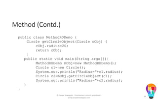 Method (Contd.)
public class MethodRODemo {
Circle getCircleObject(Circle cObj) {
cObj.radius=20;
return cObj;
}
public static void main(String args[]){
MethodRODemo mObj=new MethodRODemo();
Circle c1=new Circle();
System.out.println("Radius="+c1.radius);
Circle c2=mObj.getCircleObject(c1);
System.out.println("Radius="+c2.radius);
}
}
© People Strategists - Distribution is strictly prohibited -
www.peoplestrategists.com
34
 