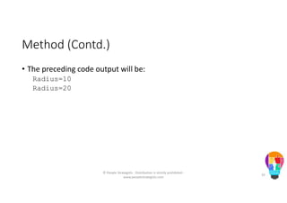 Method (Contd.)
• The preceding code output will be:
Radius=10
Radius=20
© People Strategists - Distribution is strictly prohibited -
www.peoplestrategists.com
35
 