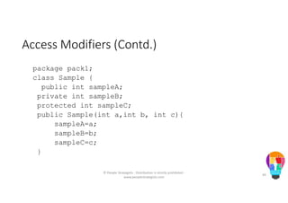 Access Modifiers (Contd.)
package pack1;
class Sample {
public int sampleA;
private int sampleB;
protected int sampleC;
public Sample(int a,int b, int c){
sampleA=a;
sampleB=b;
sampleC=c;
}
© People Strategists - Distribution is strictly prohibited -
www.peoplestrategists.com
49
 