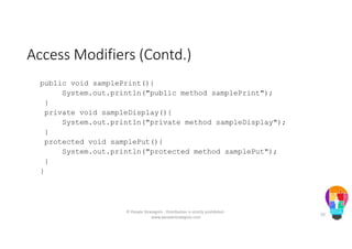 Access Modifiers (Contd.)
public void samplePrint(){
System.out.println("public method samplePrint");
}
private void sampleDisplay(){
System.out.println("private method sampleDisplay");
}
protected void samplePut(){
System.out.println("protected method samplePut");
}
}
© People Strategists - Distribution is strictly prohibited -
www.peoplestrategists.com
50
 