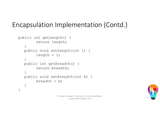Encapsulation Implementation (Contd.)
public int getLength() {
return length;
}
public void setLength(int l) {
length = l;
}
public int getBreadth() {
return breadth;
}
public void setBreadth(int b) {
breadth = b;
}
}
© People Strategists - Distribution is strictly prohibited -
www.peoplestrategists.com
54
 