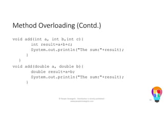 Method Overloading (Contd.)
void add(int a, int b,int c){
int result=a+b+c;
System.out.println("The sum:"+result);
}
}
void add(double a, double b){
double result=a+b;
System.out.println("The sum:"+result);
}
© People Strategists - Distribution is strictly prohibited -
www.peoplestrategists.com
58
 