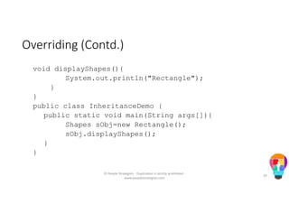 Overriding (Contd.)
void displayShapes(){
System.out.println("Rectangle");
}
}
public class InheritanceDemo {
public static void main(String args[]){
Shapes sObj=new Rectangle();
sObj.displayShapes();
}
}
© People Strategists - Duplication is strictly prohibited -
www.peoplestrategists.com
39
 