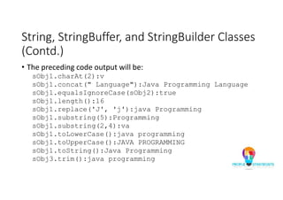 String, StringBuffer, and StringBuilder Classes
(Contd.)
• The preceding code output will be:
sObj1.charAt(2):v
sObj1.concat(" Language"):Java Programming Language
sObj1.equalsIgnoreCase(sObj2):true
sObj1.length():16
sObj1.replace('J', 'j'):java Programming
sObj1.substring(5):Programming
sObj1.substring(2,4):va
sObj1.toLowerCase():java programming
sObj1.toUpperCase():JAVA PROGRAMMING
sObj1.toString():Java Programming
sObj3.trim():java programming
 