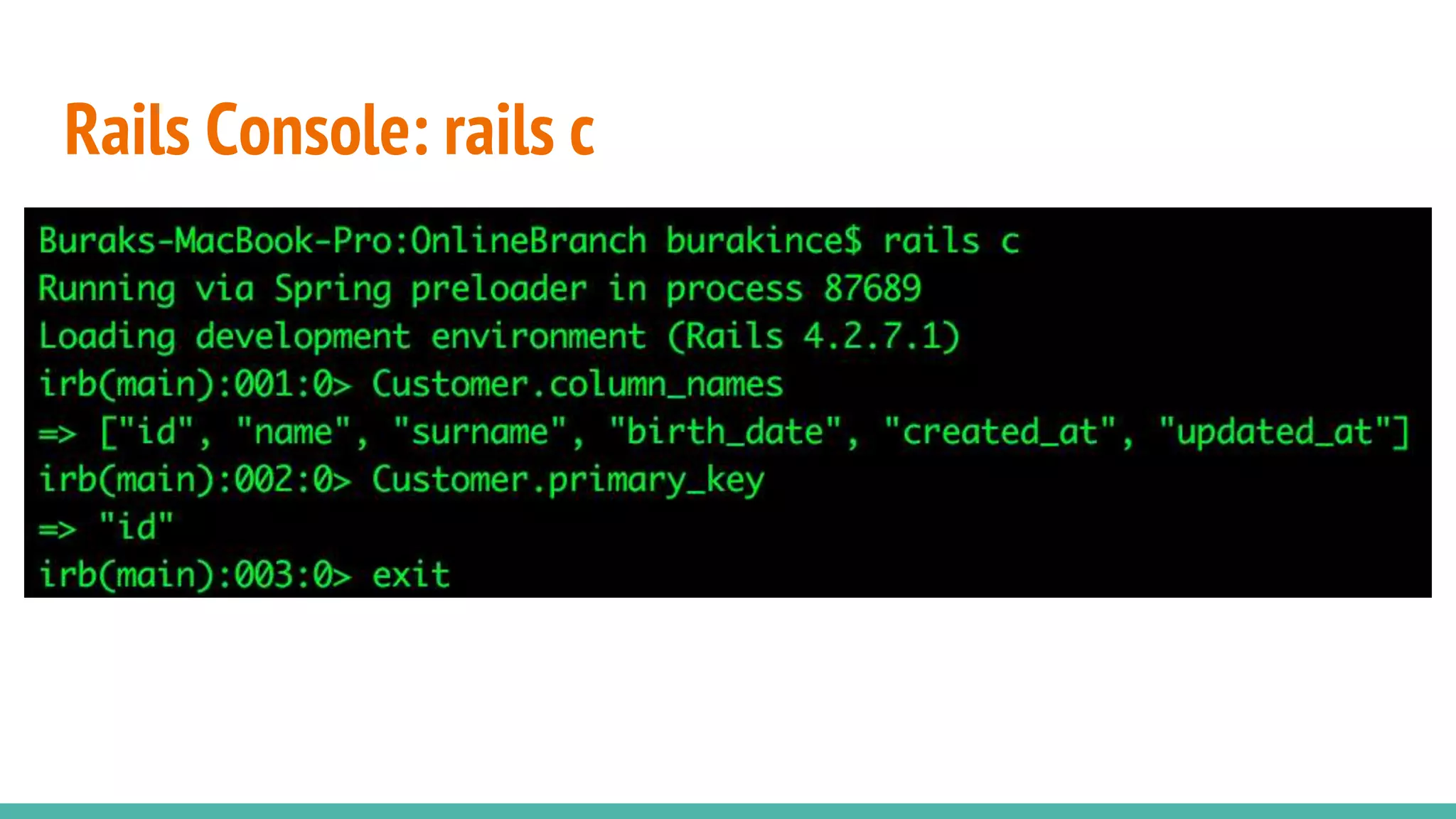 Rails Console: rails c
 