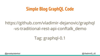 Simple Blog GraphQL Code
@VladimirD_42@javadayistanbul
https://github.com/vladimir-dejanovic/graphql
-vs-traditional-rest-api-conftalk_demo
Tag: graphql-0.1
 