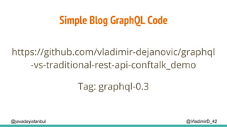 Simple Blog GraphQL Code
@VladimirD_42@javadayistanbul
https://github.com/vladimir-dejanovic/graphql
-vs-traditional-rest-api-conftalk_demo
Tag: graphql-0.3
 