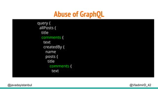 @VladimirD_42
Abuse of GraphQL
query {
allPosts {
title
comments {
text
createdBy {
name
posts {
title
comments {
text
@javadayistanbul
 
