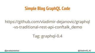 Simple Blog GraphQL Code
@VladimirD_42@javadayistanbul
https://github.com/vladimir-dejanovic/graphql
-vs-traditional-rest-api-conftalk_demo
Tag: graphql-0.4
 