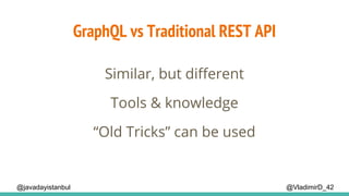 GraphQL vs Traditional REST API
@VladimirD_42
Similar, but different
@javadayistanbul
Tools & knowledge
“Old Tricks” can be used
 