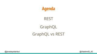Agenda
@VladimirD_42
REST
GraphQL vs REST
GraphQL
@javadayistanbul
 