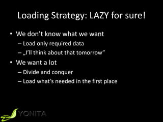 Loading Strategy: LAZY for sure!
• We don’t know what we want
– Load only required data
– „I’ll think about that tomorrow”
• We want a lot
– Divide and conquer
– Load what’s needed in the first place
 
