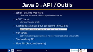 #ParisJUG
Java 9 : API /Outils
10
• JShell : outil de type REPL
tester une portion de code ou expérimenter une API
• API Process
interface ProcessHandle
• Fabriques statiques pour collections immuables
• Stackwalking API
• Flow API (Reactive Streams)
• VarHandle
opérations atomiques/ordonnées via une référence typée à une variable
List<String> lettres = List.of("a", "b", "c", "d");
 