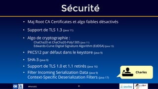 #ParisJUG
Sécurité
31
• Maj Root CA Certificates et algo faibles désactivés
• Support de TLS 1.3 (Java 11)
• Algo de cryptographie :
ChaCha20 et ChaCha20-Poly1305 (Java 11)
Edwards-Curve Digital Signature Algorithm (EdDSA) (Java 15)
• PKCS12 par défaut dans le keystore (Java 9)
• SHA-3 (Java 9)
• Support de TLS 1.0 et 1.1 retirés (Java 16)
• Filter Incoming Serialization Data (Java 9)
Context-Specific Deserialization Filters (Java 17)
Charles
 