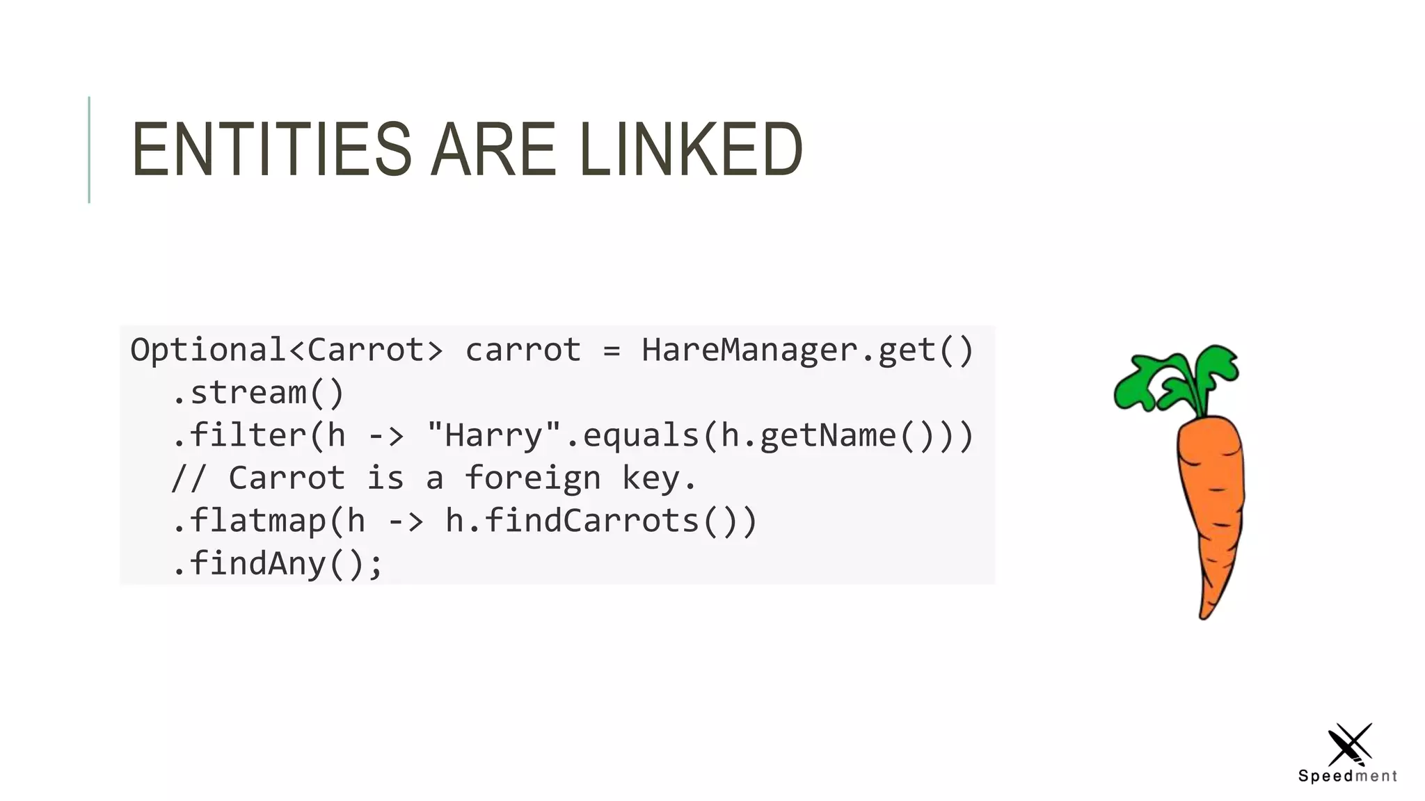 ENTITIES ARE LINKED
Optional<Carrot> carrot = HareManager.get()
.stream()
.filter(h -> "Harry".equals(h.getName()))
// Carrot is a foreign key.
.flatmap(h -> h.findCarrots())
.findAny();
 