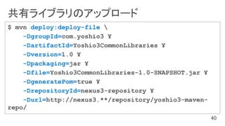 $ mvn deploy:deploy-file 
-DgroupId=com.yoshio3 ¥
-DartifactId=Yoshio3CommonLibraries ¥
-Dversion=1.0 ¥
-Dpackaging=jar ¥
-Dfile=Yoshio3CommonLibraries-1.0-SNAPSHOT.jar ¥
-DgeneratePom=true ¥
-DrepositoryId=nexus3-repository ¥
-Durl=http://nexus3.**/repository/yoshio3-maven-
repo/
 