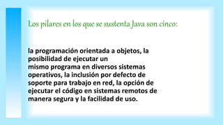 Los pilares en los que se sustenta Java son cinco:
la programación orientada a objetos, la
posibilidad de ejecutar un
mismo programa en diversos sistemas
operativos, la inclusión por defecto de
soporte para trabajo en red, la opción de
ejecutar el código en sistemas remotos de
manera segura y la facilidad de uso.
 
