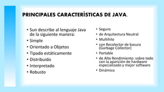 PRINCIPALES CARACTERÍSTICAS DE JAVA.
• Sun describe al lenguaje Java
de la siguiente manera:
• Simple
• Orientado a Objetos
• Tipado estáticamente
• Distribuido
• Interpretado
• Robusto
• Seguro
• de Arquitectura Neutral
• Multihilo
• con Recolector de basura
(Garbage Collector)
• Portable
• de Alto Rendimiento: sobre todo
con la aparición de hardware
especializado y mejor software
• Dinámico
 