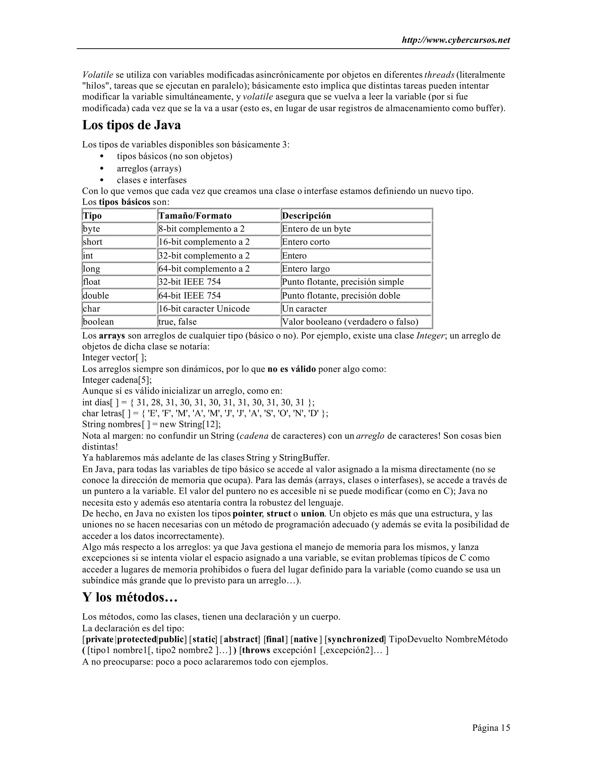 http://www.cybercursos.net
Página 15
Volatile se utiliza con variables modificadas asincrónicamente por objetos en diferentes threads (literalmente
"hilos", tareas que se ejecutan en paralelo); básicamente esto implica que distintas tareas pueden intentar
modificar la variable simultáneamente, y volatile asegura que se vuelva a leer la variable (por si fue
modificada) cada vez que se la va a usar (esto es, en lugar de usar registros de almacenamiento como buffer).
Los tipos de Java
Los tipos de variables disponibles son básicamente 3:
• tipos básicos (no son objetos)
• arreglos (arrays)
• clases e interfases
Con lo que vemos que cada vez que creamos una clase o interfase estamos definiendo un nuevo tipo.
Los tipos básicos son:
Tipo Tamaño/Formato Descripción
byte 8-bit complemento a 2 Entero de un byte
short 16-bit complemento a 2 Entero corto
int 32-bit complemento a 2 Entero
long 64-bit complemento a 2 Entero largo
float 32-bit IEEE 754 Punto flotante, precisión simple
double 64-bit IEEE 754 Punto flotante, precisión doble
char 16-bit caracter Unicode Un caracter
boolean true, false Valor booleano (verdadero o falso)
Los arrays son arreglos de cualquier tipo (básico o no). Por ejemplo, existe una clase Integer; un arreglo de
objetos de dicha clase se notaría:
Integer vector[ ];
Los arreglos siempre son dinámicos, por lo que no es válido poner algo como:
Integer cadena[5];
Aunque sí es válido inicializar un arreglo, como en:
int días[ ] = { 31, 28, 31, 30, 31, 30, 31, 31, 30, 31, 30, 31 };
char letras[ ] = { 'E', 'F', 'M', 'A', 'M', 'J', 'J', 'A', 'S', 'O', 'N', 'D' };
String nombres[ ] = new String[12];
Nota al margen: no confundir un String (cadena de caracteres) con un arreglo de caracteres! Son cosas bien
distintas!
Ya hablaremos más adelante de las clases String y StringBuffer.
En Java, para todas las variables de tipo básico se accede al valor asignado a la misma directamente (no se
conoce la dirección de memoria que ocupa). Para las demás (arrays, clases o interfases), se accede a través de
un puntero a la variable. El valor del puntero no es accesible ni se puede modificar (como en C); Java no
necesita esto y además eso atentaría contra la robustez del lenguaje.
De hecho, en Java no existen los tipos pointer, struct o union. Un objeto es más que una estructura, y las
uniones no se hacen necesarias con un método de programación adecuado (y además se evita la posibilidad de
acceder a los datos incorrectamente).
Algo más respecto a los arreglos: ya que Java gestiona el manejo de memoria para los mismos, y lanza
excepciones si se intenta violar el espacio asignado a una variable, se evitan problemas típicos de C como
acceder a lugares de memoria prohibidos o fuera del lugar definido para la variable (como cuando se usa un
subíndice más grande que lo previsto para un arreglo…).
Y los métodos…
Los métodos, como las clases, tienen una declaración y un cuerpo.
La declaración es del tipo:
[private|protected|public] [static] [abstract] [final] [native] [synchronized] TipoDevuelto NombreMétodo
( [tipo1 nombre1[, tipo2 nombre2 ]…] ) [throws excepción1 [,excepción2]… ]
A no preocuparse: poco a poco aclararemos todo con ejemplos.
 