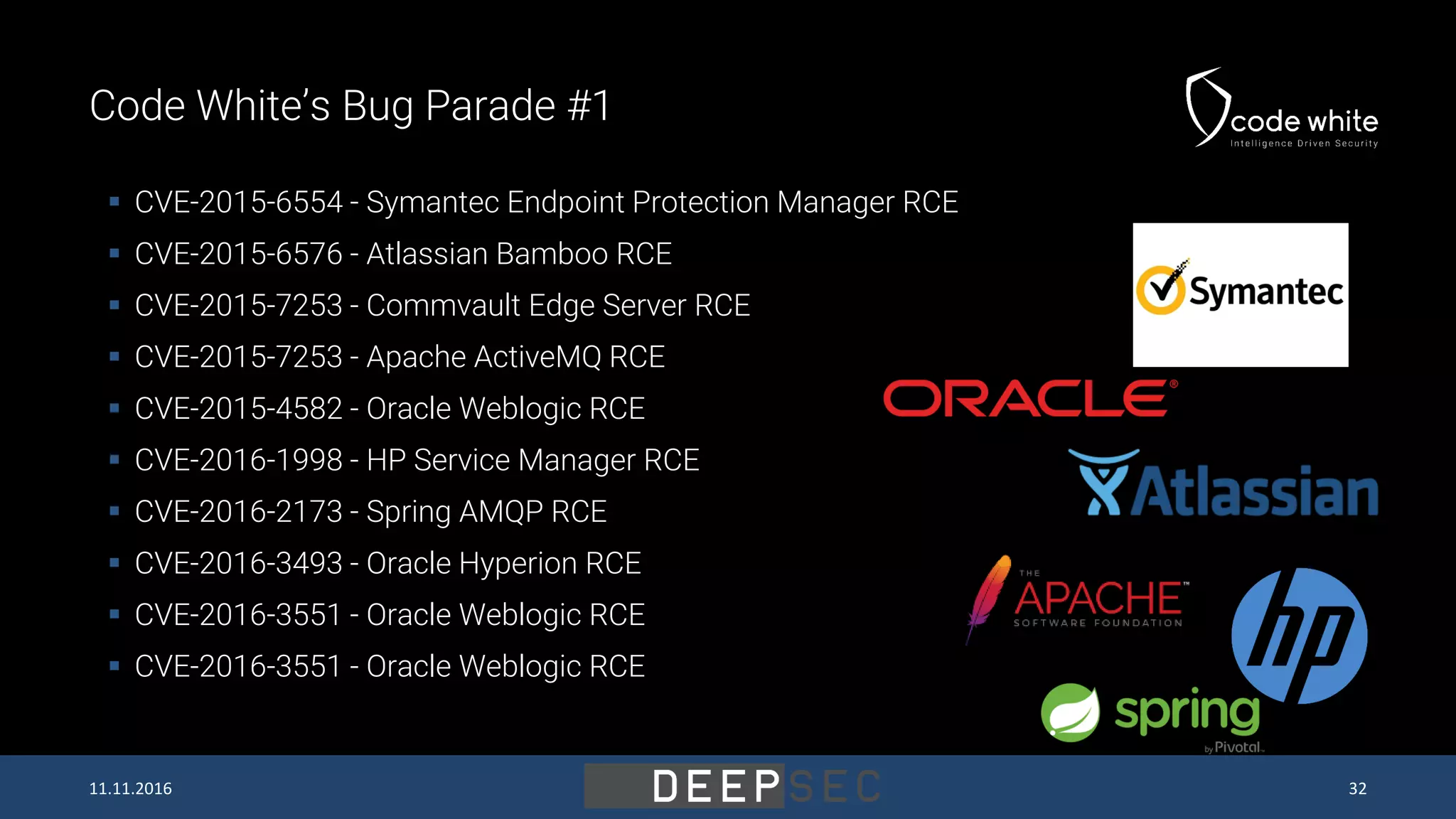 Code White’s Bug Parade #1  CVE-2015-6554 - Symantec Endpoint Protection Manager RCE  CVE-2015-6576 - Atlassian Bamboo RCE  CVE-2015-7253 - Commvault Edge Server RCE  CVE-2015-7253 - Apache ActiveMQ RCE  CVE-2015-4582 - Oracle Weblogic RCE  CVE-2016-1998 - HP Service Manager RCE  CVE-2016-2173 - Spring AMQP RCE  CVE-2016-3493 - Oracle Hyperion RCE  CVE-2016-3551 - Oracle Weblogic RCE  CVE-2016-3551 - Oracle Weblogic RCE 11.11.2016 32 