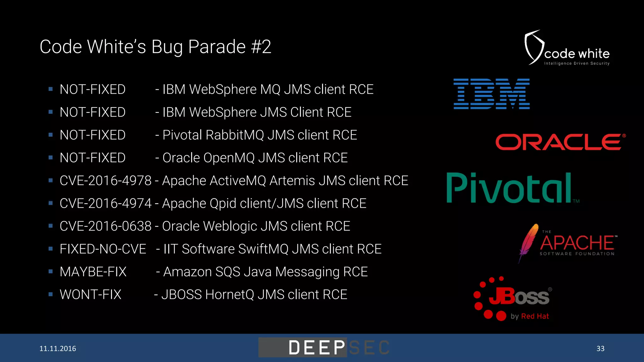 Code White’s Bug Parade #2  NOT-FIXED - IBM WebSphere MQ JMS client RCE  NOT-FIXED - IBM WebSphere JMS Client RCE  NOT-FIXED - Pivotal RabbitMQ JMS client RCE  NOT-FIXED - Oracle OpenMQ JMS client RCE  CVE-2016-4978 - Apache ActiveMQ Artemis JMS client RCE  CVE-2016-4974 - Apache Qpid client/JMS client RCE  CVE-2016-0638 - Oracle Weblogic JMS client RCE  FIXED-NO-CVE - IIT Software SwiftMQ JMS client RCE  MAYBE-FIX - Amazon SQS Java Messaging RCE  WONT-FIX - JBOSS HornetQ JMS client RCE 11.11.2016 33 