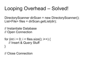 Looping Overhead – Solved!
DirectoryScanner dirScan = new DirectoryScanner();
List<File> files = dirScan.getList(dir);
// Instantiate Database
// Open Connection
for (int i = 0; i < files.size(); i++) {
// Insert & Query Stuff
}
// Close Connection
 