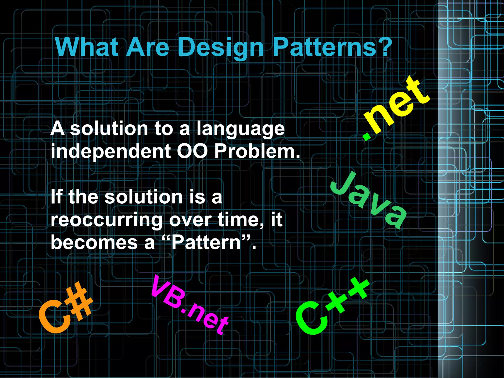 What Are Design Patterns?
A solution to a language
independent OO Problem.
If the solution is a
reoccurring over time, it
becomes a “Pattern”.
.net
Java
C++
C#
VB.net
 