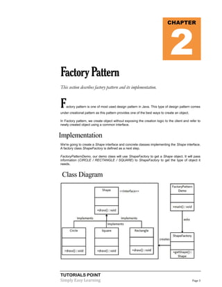 TUTORIALS POINT
Simply Easy Learning Page 3
FactoryPattern
This section describes factory pattern and its implementation.
Factory pattern is one of most used design pattern in Java. This type of design pattern comes
under creational pattern as this pattern provides one of the best ways to create an object.
In Factory pattern, we create object without exposing the creation logic to the client and refer to
newly created object using a common interface.
Implementation
We're going to create a Shape interface and concrete classes implementing the Shape interface.
A factory class ShapeFactory is defined as a next step.
FactoryPatternDemo, our demo class will use ShapeFactory to get a Shape object. It will pass
information (CIRCLE / RECTANGLE / SQUARE) to ShapeFactory to get the type of object it
needs.
Class Diagram
CHAPTER
2
 