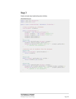 TUTORIALS POINT
Simply Easy Learning Page 140
Step 3
Create concreate class implementing above interface.
StudentDaoImpl.java
import java.util.ArrayList;
import java.util.List;
public class StudentDaoImpl implements StudentDao {
//list is working as a database
List<Student> students;
public StudentDaoImpl(){
students = new ArrayList<Student>();
Student student1 = new Student("Robert",0);
Student student2 = new Student("John",1);
students.add(student1);
students.add(student2);
}
@Override
public void deleteStudent(Student student) {
students.remove(student.getRollNo());
System.out.println("Student: Roll No " + student.getRollNo()
+", deleted from database");
}
//retrive list of students from the database
@Override
public List<Student> getAllStudents() {
return students;
}
@Override
public Student getStudent(int rollNo) {
return students.get(rollNo);
}
@Override
public void updateStudent(Student student) {
students.get(student.getRollNo()).setName(student.getName());
System.out.println("Student: Roll No " + student.getRollNo()
+", updated in the database");
}
}
 