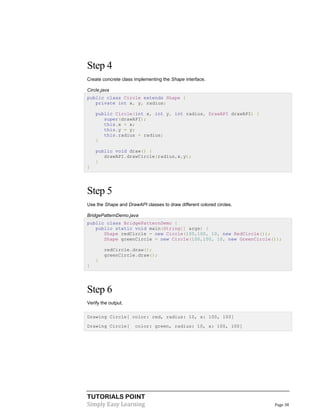 TUTORIALS POINT
Simply Easy Learning Page 38
Step 4
Create concrete class implementing the Shape interface.
Circle.java
public class Circle extends Shape {
private int x, y, radius;
public Circle(int x, int y, int radius, DrawAPI drawAPI) {
super(drawAPI);
this.x = x;
this.y = y;
this.radius = radius;
}
public void draw() {
drawAPI.drawCircle(radius,x,y);
}
}
Step 5
Use the Shape and DrawAPI classes to draw different colored circles.
BridgePatternDemo.java
public class BridgePatternDemo {
public static void main(String[] args) {
Shape redCircle = new Circle(100,100, 10, new RedCircle());
Shape greenCircle = new Circle(100,100, 10, new GreenCircle());
redCircle.draw();
greenCircle.draw();
}
}
Step 6
Verify the output.
Drawing Circle[ color: red, radius: 10, x: 100, 100]
Drawing Circle[ color: green, radius: 10, x: 100, 100]
 