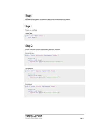 TUTORIALS POINT
Simply Easy Learning Page 57
Steps
Use the following steps to implement the above mentioned design pattern.
Step 1
Create an interface.
Shape.java
public interface Shape {
void draw();
}
Step 2
Create concrete classes implementing the same interface.
Rectangle.java
public class Rectangle implements Shape {
@Override
public void draw() {
System.out.println("Rectangle::draw()");
}
}
Square.java
public class Square implements Shape {
@Override
public void draw() {
System.out.println("Square::draw()");
}
}
Circle.java
public class Circle implements Shape {
@Override
public void draw() {
System.out.println("Circle::draw()");
}
}
 