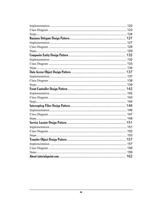 iii
Implementation........................................................................................ 122
Class Diagram ......................................................................................... 123
Steps....................................................................................................... 124
Business Delegate Design Pattern ...................................................... 127
Implementation........................................................................................ 127
Class Diagram ......................................................................................... 128
Steps....................................................................................................... 129
Composite Entity Design Pattern ....................................................... 132
Implementation........................................................................................ 132
Class Diagram ......................................................................................... 133
Steps....................................................................................................... 134
Data Access Object Design Pattern..................................................... 137
Implementation........................................................................................ 137
Class Diagram ......................................................................................... 138
Steps....................................................................................................... 139
Front Controller Design Pattern........................................................ 142
Implementation........................................................................................ 142
Class Diagram ......................................................................................... 143
Steps....................................................................................................... 144
Intercepting Filter Design Pattern...................................................... 146
Implementation........................................................................................ 146
Class Diagram ......................................................................................... 147
Steps....................................................................................................... 148
Service Locator Design Pattern......................................................... 151
Implementation........................................................................................ 151
Class Diagram ......................................................................................... 152
Steps....................................................................................................... 153
Transfer Object Design Pattern......................................................... 157
Implementation........................................................................................ 157
Class Diagram ......................................................................................... 158
Steps....................................................................................................... 159
About tutorialspoint.com ................................................................ 162
 