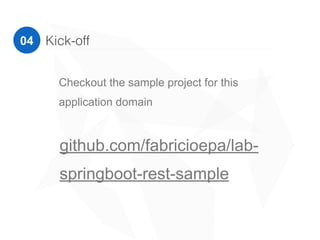 Kick-off04
github.com/fabricioepa/lab-
springboot-rest-sample
Lets start from the sample project and
then create the ports and adapters
 