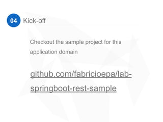 Kick-off04
github.com/fabricioepa/lab-
springboot-rest-sample
Lets start from the sample project and
then create the ports and adapters
 