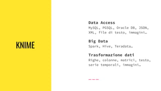 KNIME
Data Access
MySQL, PGSQL, Oracle DB, JSON,
XML, file di testo, immagini…
Big Data
Spark, Hive, Teradata…
Trasformazione dati
Righe, colonne, matrici, testo,
serie temporali, immagini…
 