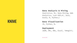 KNIME
Data Analysis & Mining
Statistica, ML, Data Mining, Web
Analytics… (con H2O.ai, Java,
Scala, R, Python…)
Data Visualization
JS, Python, R…
Deployment
JSON, XML, DBs, Excel, immagini…
 