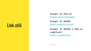 Link utili
Esempi di H2O.ai
Esempi multilinguaggio
Esempi di KNIME
KNIME examples server
Esempi di KNIME e H2O.ai
combinati
KAGGLE competition
 