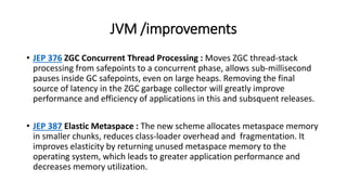 JVM /improvements
• JEP 376 ZGC Concurrent Thread Processing : Moves ZGC thread-stack
processing from safepoints to a concurrent phase, allows sub-millisecond
pauses inside GC safepoints, even on large heaps. Removing the final
source of latency in the ZGC garbage collector will greatly improve
performance and efficiency of applications in this and subsquent releases.
• JEP 387 Elastic Metaspace : The new scheme allocates metaspace memory
in smaller chunks, reduces class-loader overhead and fragmentation. It
improves elasticity by returning unused metaspace memory to the
operating system, which leads to greater application performance and
decreases memory utilization.
 