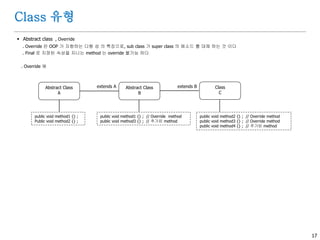 17
Class 유형
 Abstract class , Override
. Override 란 OOP 가 지향하는 다형 성 의 특징으로, sub class 가 super class 의 메소드 를 대체 하는 것 이다
. Final 로 지정된 속성을 지니는 method 는 override 불가능 하다
. Override 예
public void method1 {} ;
Public void method2 {} ;
Class
C
Abstract Class
B
Abstract Class
A
extends A extends B
public void method1 {} ; // Override method
public void method3 {} ; // 추가된 method
public void method2 {} ; // Override method
public void method3 {} ; // Override method
public void method4 {} ; // 추가된 method
 