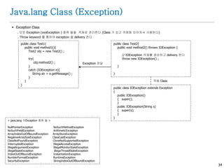 34
Java.lang Class (Exception)
 Exception Class
. 모든 Exception (xxxException ) 종류 들을 객체로 관리한다 (Class 가 있고 객체화 되어져서 사용된다)
. Throw keyword 를 통하여 exception 을 delivery 한다
public class Test1{
public void method1(){
Test2 obj = new Test2() ;
try{
obj.method2() ;
}
catch (IOException e){
String str = e.getMessage() ;
}
}
}
public class Test2{
public void method2() throws IOException {
// IOException 객체를 생성하고 delivery 한다
throw new IOException() ;
}
}
public class IOException extends Exception
{
public IOException()
{ super();
}
public IOException(String s)
{ super(s);
}
}
Exception 전달
객체 Class
< java.lang 의Exception 종류 들 >
NullPointerException NoSuchMethodException
NoSuchFieldException ArithmeticException
ArrayIndexOutOfBoundException ArrayStoreException
NegativeArraySizeException ClassCastException
ClassNotFoundException CloneNotSupportedException
InterruptedException IllegalAccessException
IllegalArgumentException IllegalMonitorStateException
IllegalStateException IllegaThreadlStateException
IndexOutOfBoundException InstantiationException
NumberFormatException RuntimeException
SecurityException StringIndexOutOfBoundException
 