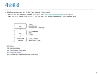 3
개발환경
 JDK(Java Development Kit) 와 JRE (Java Runtime Environment)
. JRE 는 사전에 해당 Machine 에 Installed 되어야 한다, 설치는 http://java.com/ko/download/” 에서 진행한다
. JDK는 일반적으로 Eclipse IDE 를 사용한다 ( 사용하는 JRE 지정은 Window – Preferences – Java – Installed JRE’s)
. JRE Edition
SE : Standard Edition
ME : Micro Edition (CVM , KVM)
EE : Enterprise Edition
CDC : Connected Device Configuration (FP & PBP )
JDK
JRE
Target OS &
Machine
. 기본 Packages
. JVM
. Library
. Editor
. Java Compiler
. Java Executor , Debugger
. Linux / Window
. ARM / MIPS / Intel
 