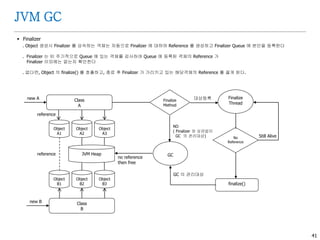 41
JVM GC
 Finalizer
. Object 생성시 Finalizer 를 상속하는 객체는 자동으로 Finalizer 에 대하여 Reference 를 생성하고 Finalizer Queue 에 본인을 등록한다
. Finalizer 는 비 주기적으로 Queue 에 있는 객체를 검사하여 Queue 에 등록된 객체의 Reference 가
Finalizer 이외에는 없는지 확인한다
. 없다면, Object 의 finalize() 를 호출하고, 종료 후 Finalizer 가 가리키고 있는 해당객체의 Reference 를 끓게 된다.
Class
A
Object
A1
Object
A2
Object
A3
Object
B1
Object
B2
Object
B3
Class
B
JVM Heapreference
new A
new B
Finalize
Method
Finalize
Thread
GC
no reference
then free
reference
No
Reference
대상등록
Still Alive
finalize()
NO
( Finalizer 와 상관없이
GC 의 관리대상)
GC 의 관리대상
 