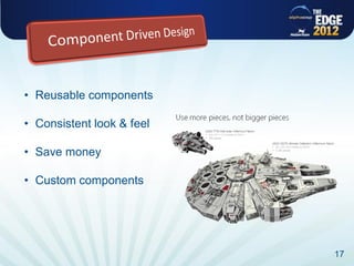 • Reusable components

• Consistent look & feel

• Save money

• Custom components




                           17
 