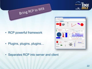 • RCP powerful framework


• Plugins, plugins, plugins…


• Separates RCP into server and client


                                         22
 